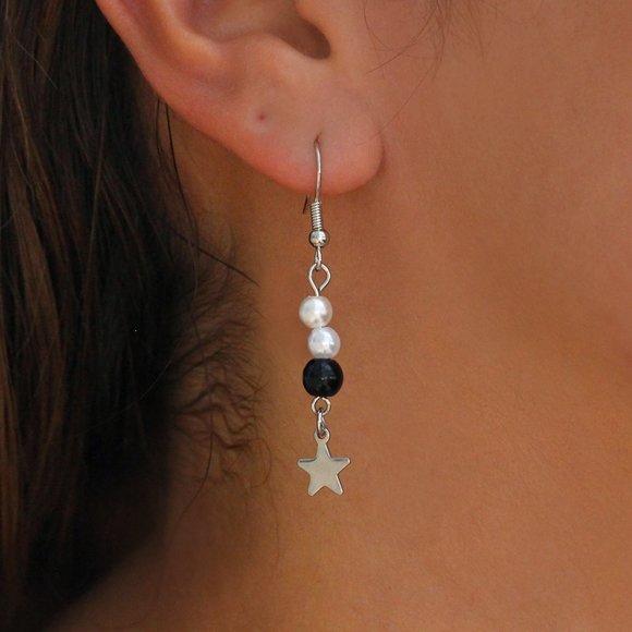 Black Beaded Star Dangle Earrings - Picture 2 of 3